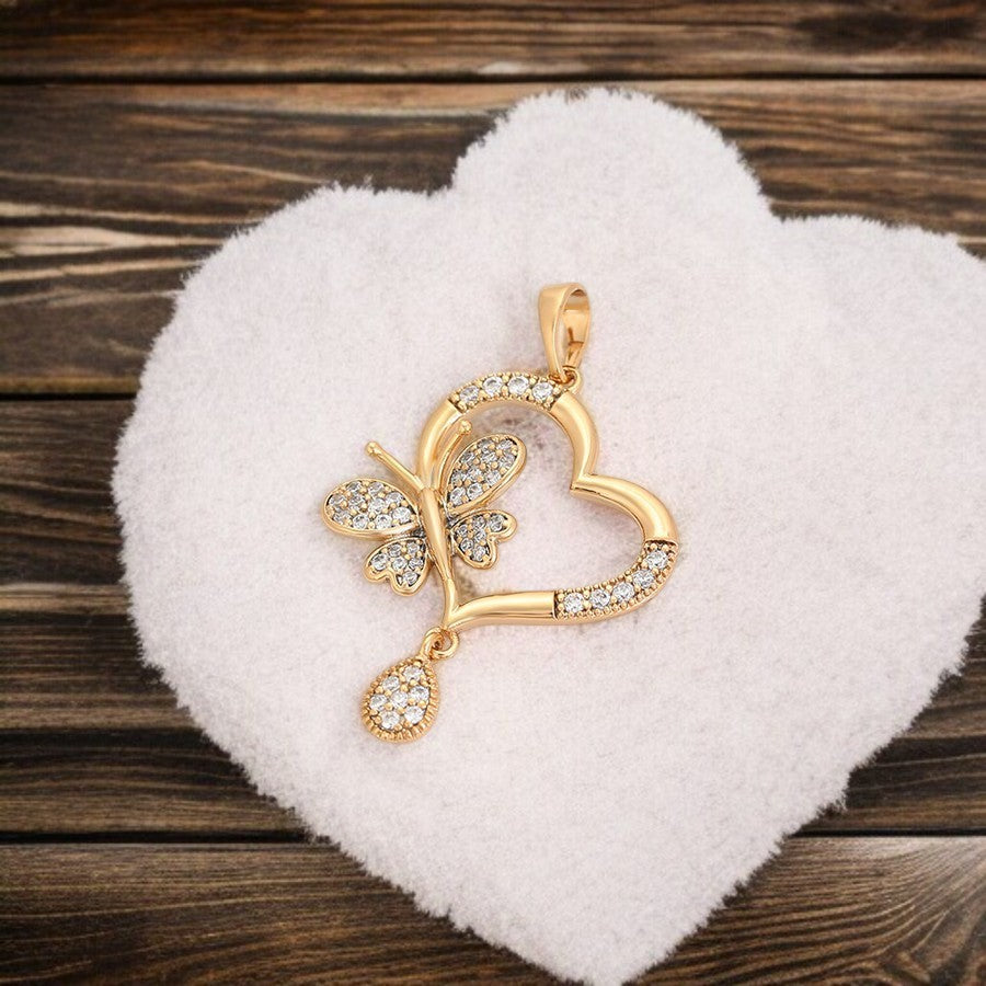 18K Gold Plated Open Heart with Butterfly Pendant with Pave CZ Crystals