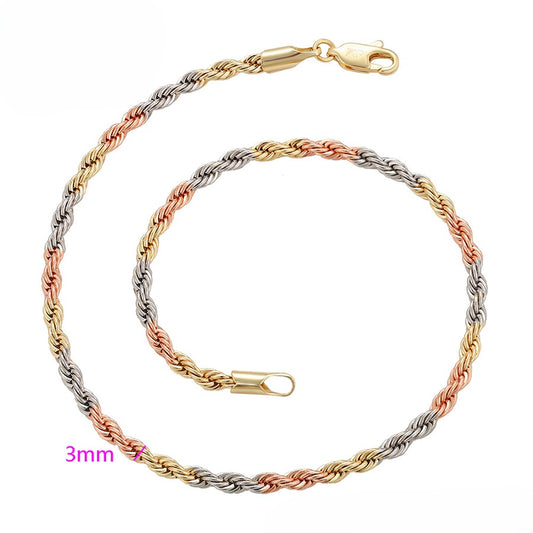 Yellow, White & Rose Gold Twisted Rope Bracelet in 14k Gold Plated- Stylish Tri-Tone Bracelet/ Anklet