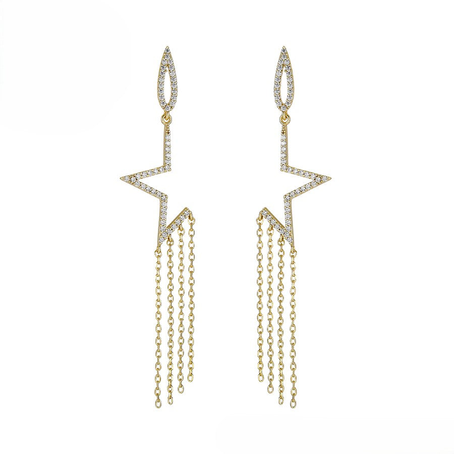 Star Earrings with Chain Fringe and Crystal Accents - 14K Gold Plated