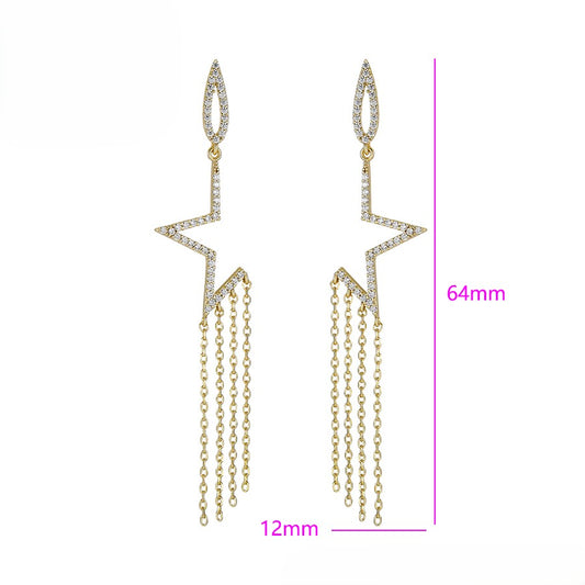 Star Earrings with Chain Fringe and Crystal Accents - 14K Gold Plated