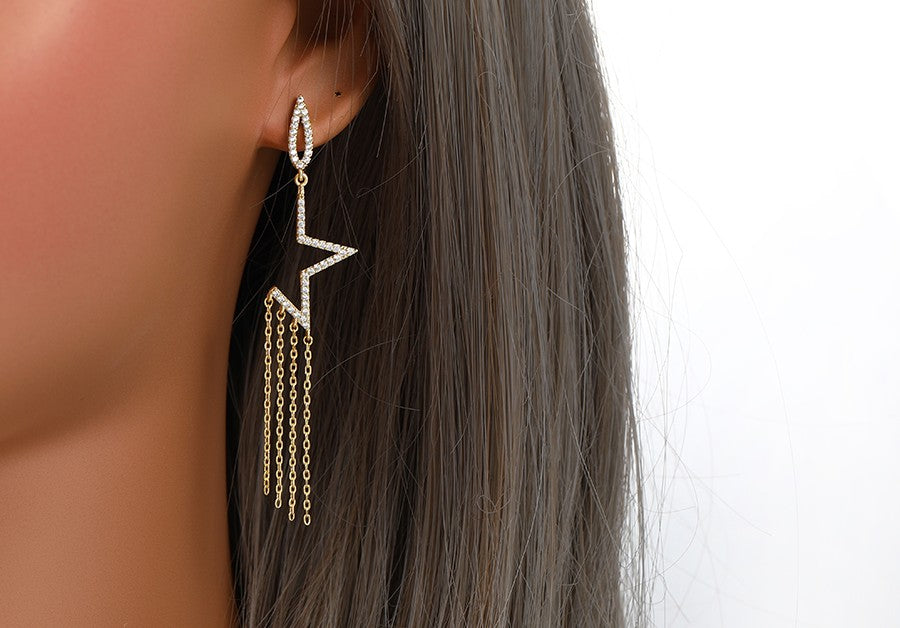 Star Earrings with Chain Fringe and Crystal Accents - 14K Gold Plated