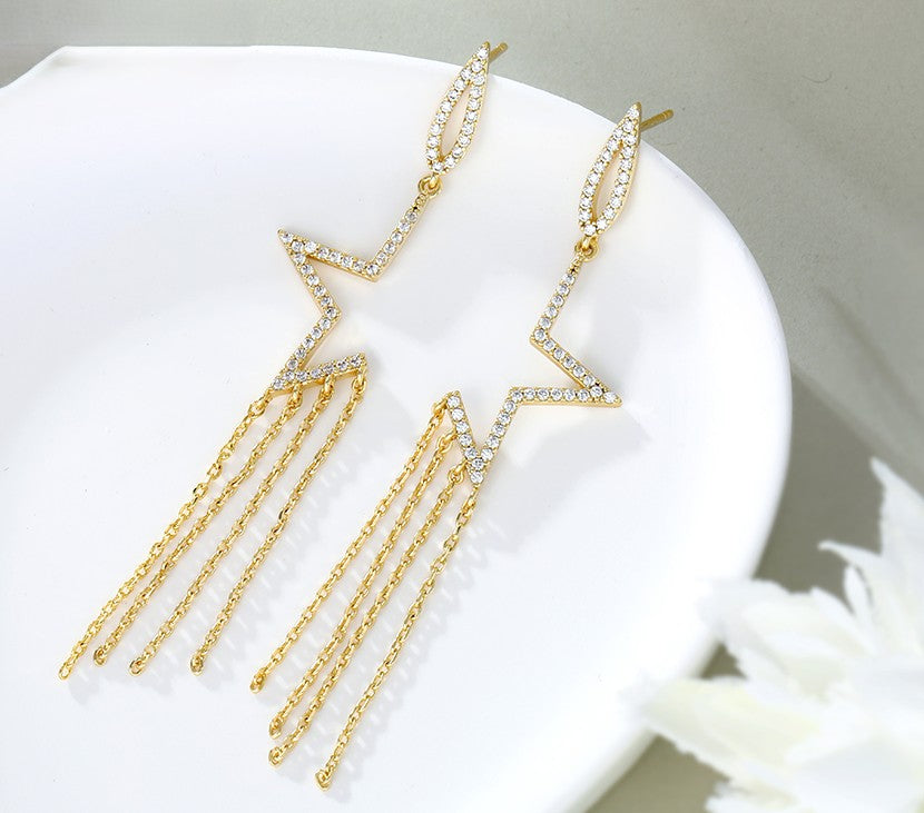 Star Earrings with Chain Fringe and Crystal Accents - 14K Gold Plated