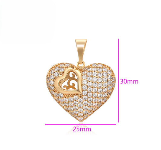 18K Gold Plated Pave Heart Pendant with Openwork Inner Heart