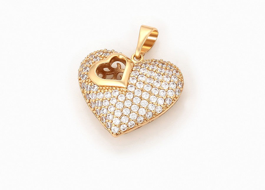 18K Gold Plated Pave Heart Pendant with Openwork Inner Heart
