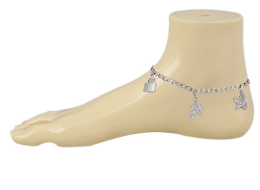 Sterling Silver with Lock, Key, Star, Arrow, and Leaf Charms Anklet