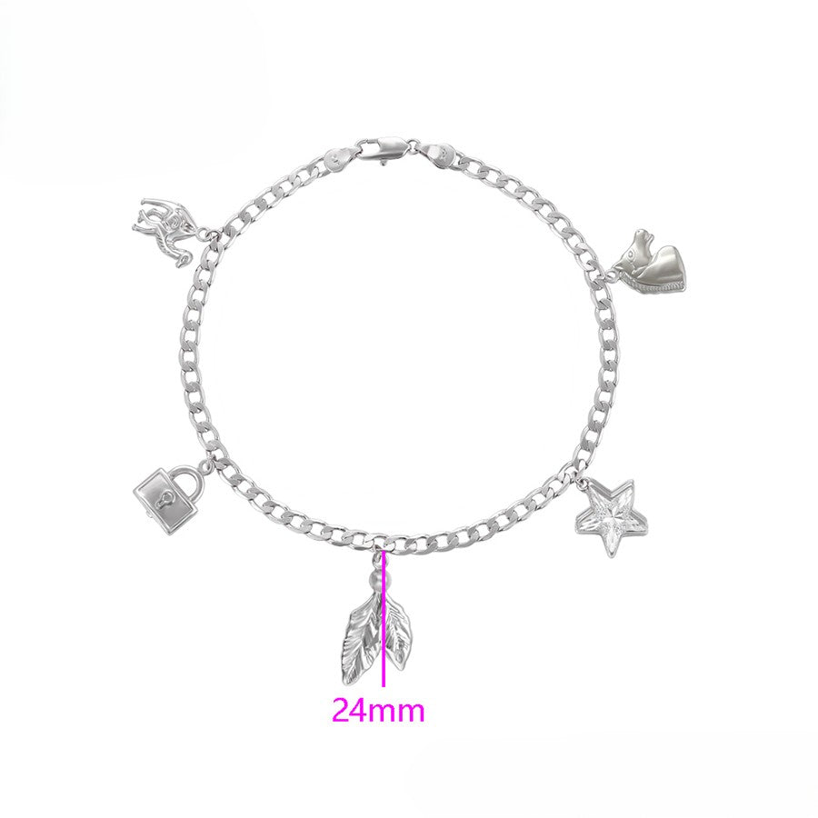 Sterling Silver with Lock, Key, Star, Arrow, and Leaf Charms Anklet