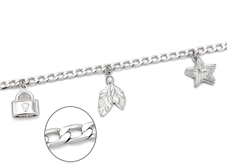 Sterling Silver with Lock, Key, Star, Arrow, and Leaf Charms Anklet