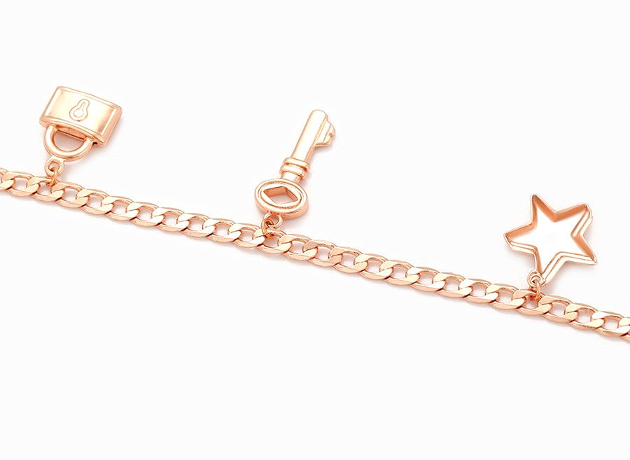 Rose Gold Charm with Lock, Key, Star, Arrow, and Leaf Anklets