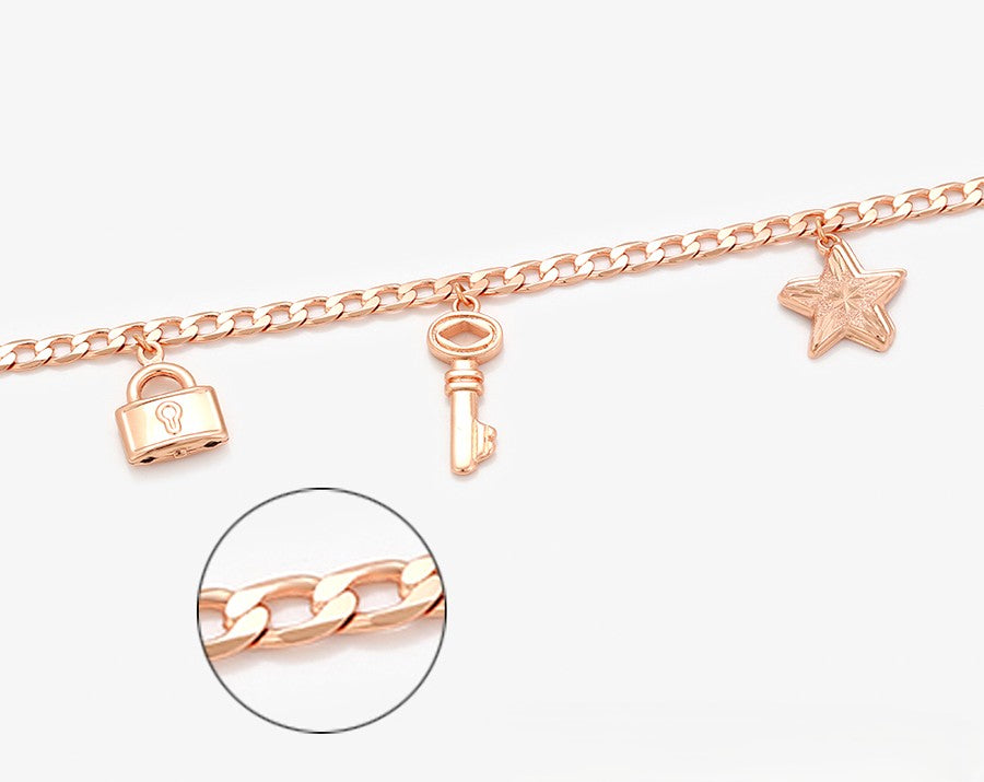 Rose Gold Charm with Lock, Key, Star, Arrow, and Leaf Anklets