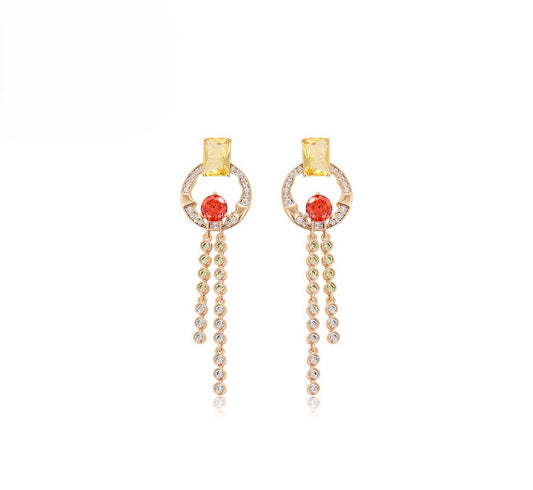 Unique Rose Gold Tassel Earrings with Yellow & Red Crystals