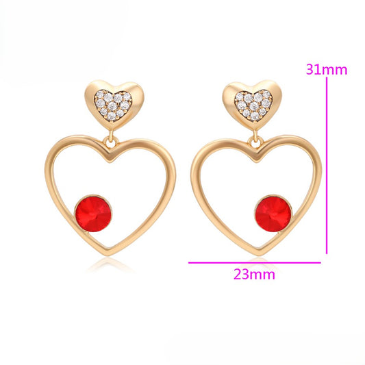 Gold Plated Heart Drop Earrings with Red and Clear Crystals