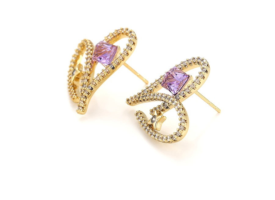 14K Gold Plated Pave Heart Stud Earrings with Purple Crystal Earrings