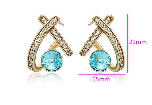 14K Gold Plated X-Shape Stud Earrings in Gold Finish with Coral Blue Stones