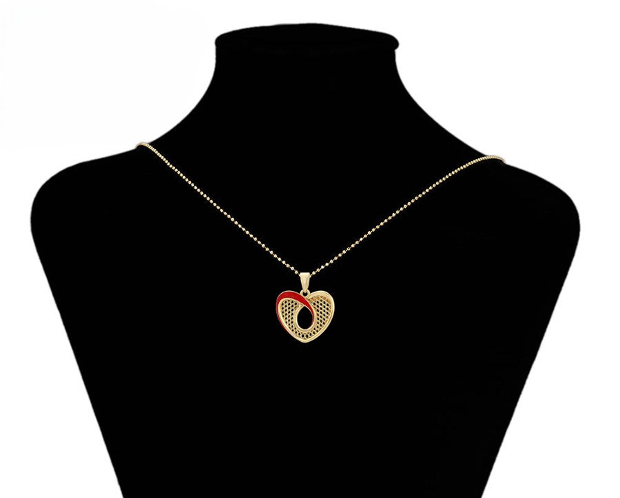 14K Gold Plated Red Enamel Mesh Heart Pendant & Dangle Earrings Set