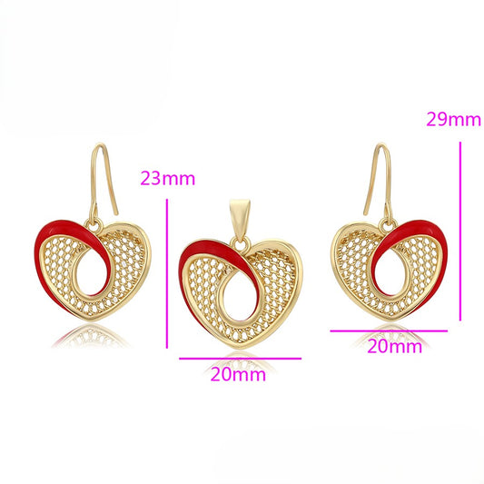 14K Gold Plated Red Enamel Mesh Heart Pendant & Dangle Earrings Set