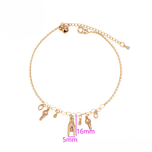 18K Gold Plated Charm Anklet with Hand, Key, Horseshoe, and Wishbone Charms