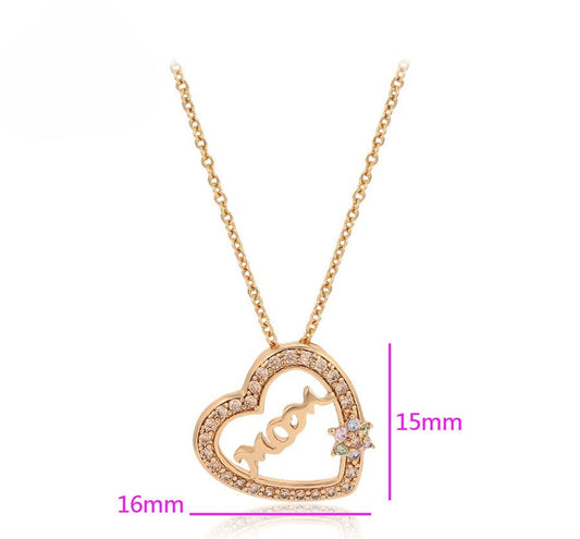 "Mom" Heart Pendant Necklace with Crystal Accents - 18K Gold Plated