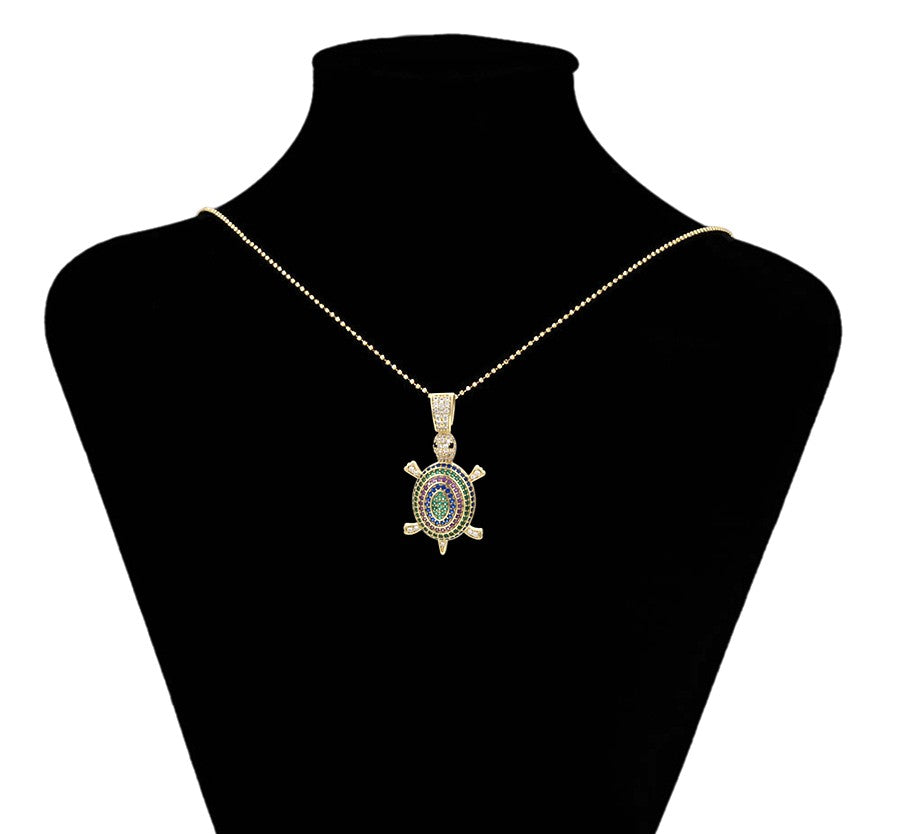 14K Gold Plated Turtle Pendant with Colorful Crystal Pave