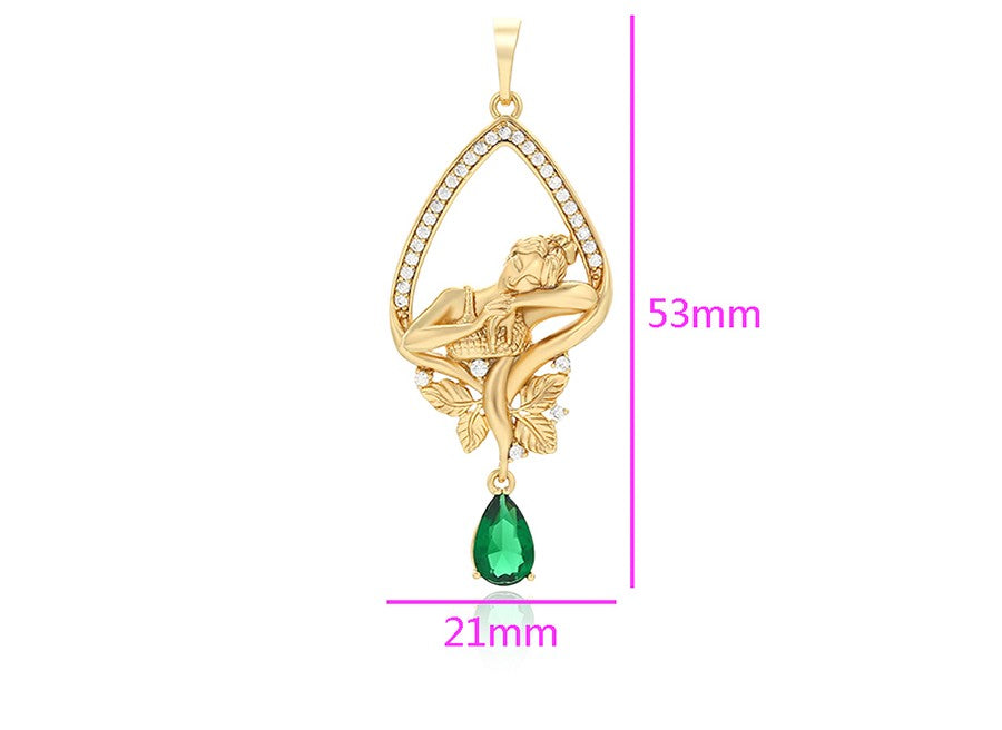 14K gold Plated- Elegant Lady in Leaf Frame with Green Gem Pendant