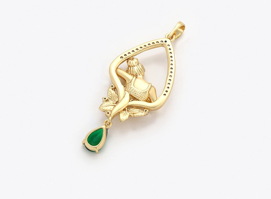 14K gold Plated- Elegant Lady in Leaf Frame with Green Gem Pendant
