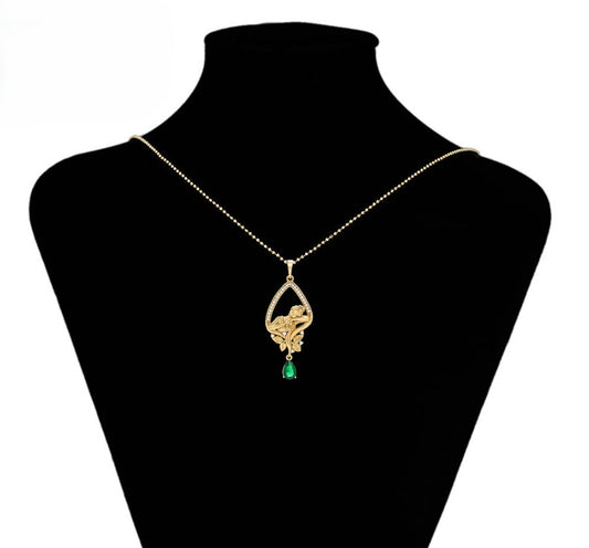 14K gold Plated- Elegant Lady in Leaf Frame with Green Gem Pendant