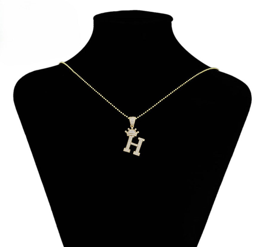 Gold Pave Crystal Crown Initial 'H' Pendant