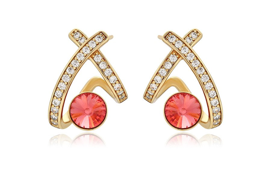 14K Gold Plated X-Shape Stud Earrings in Gold Finish with Coral Red Stones