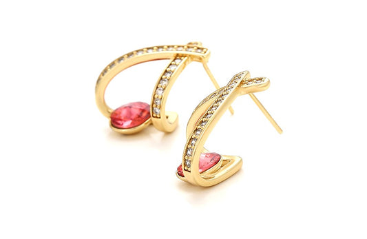 14K Gold Plated X-Shape Stud Earrings in Gold Finish with Coral Red Stones