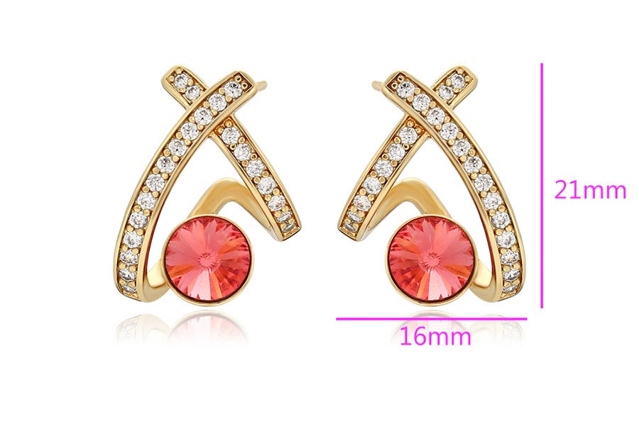 14K Gold Plated X-Shape Stud Earrings in Gold Finish with Coral Red Stones