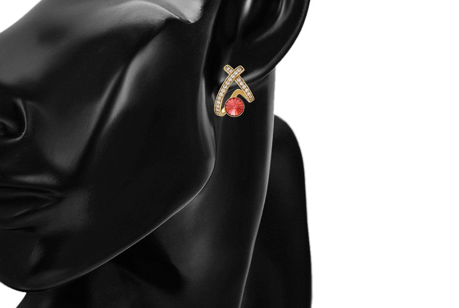 14K Gold Plated X-Shape Stud Earrings in Gold Finish with Coral Red Stones