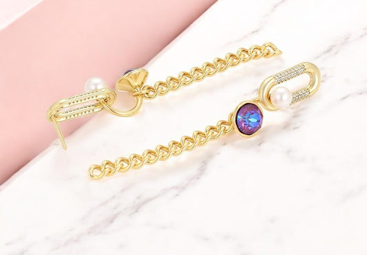 14K Gold Plated Paperclip Chain Dangle Earrings with Purple Crystal