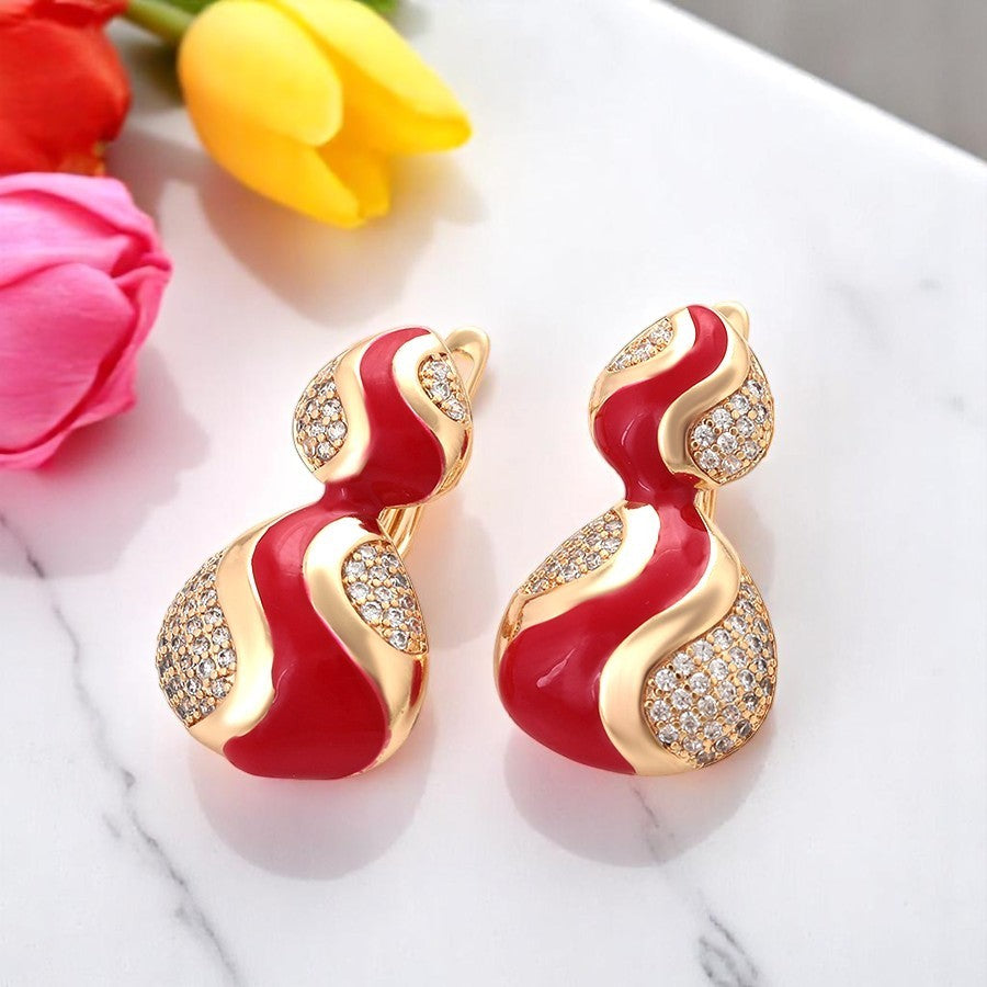 18K gold plated - Unique S-Shape Earrings with Red Enamel Accents and Crystal Embellishments