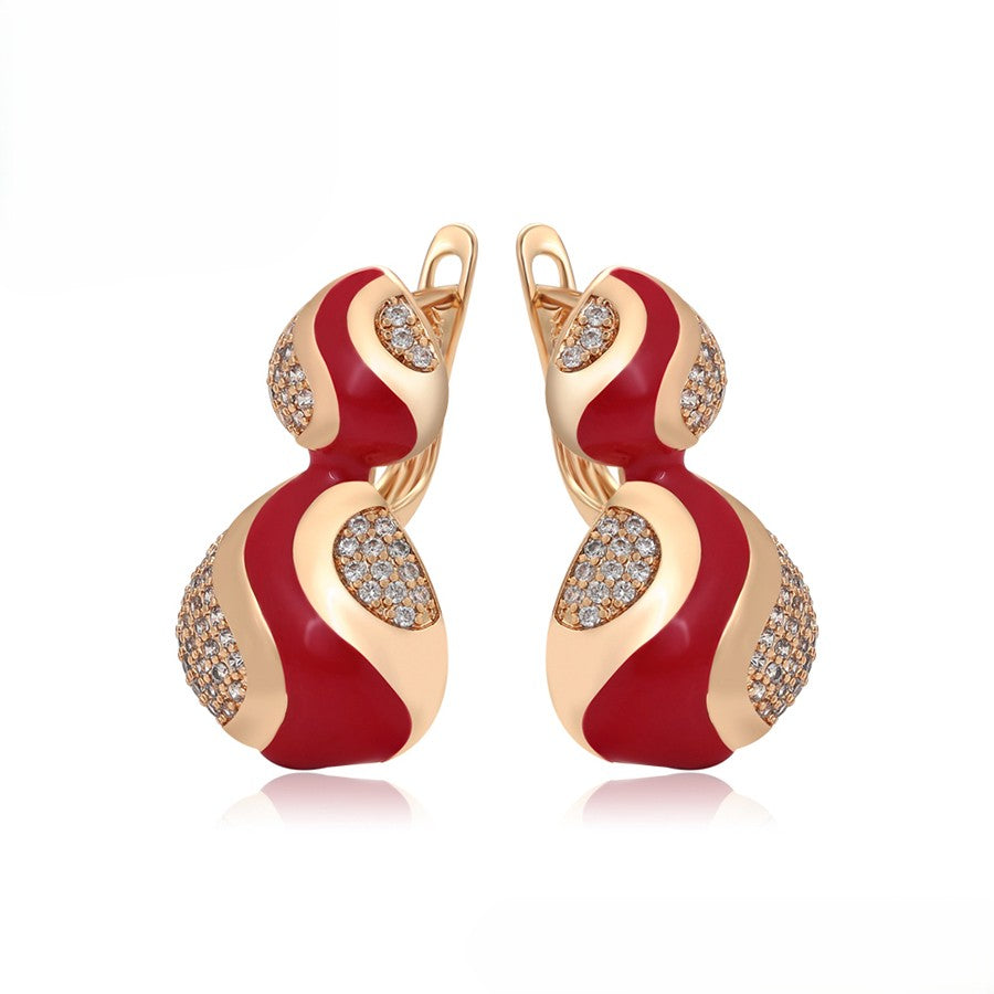18K gold plated - Unique S-Shape Earrings with Red Enamel Accents and Crystal Embellishments