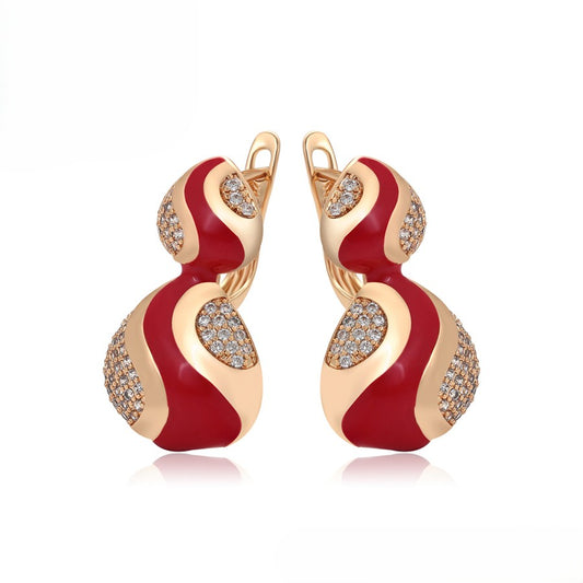 18K gold plated - Unique S-Shape Earrings with Red Enamel Accents and Crystal Embellishments