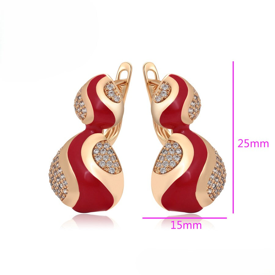 18K gold plated - Unique S-Shape Earrings with Red Enamel Accents and Crystal Embellishments