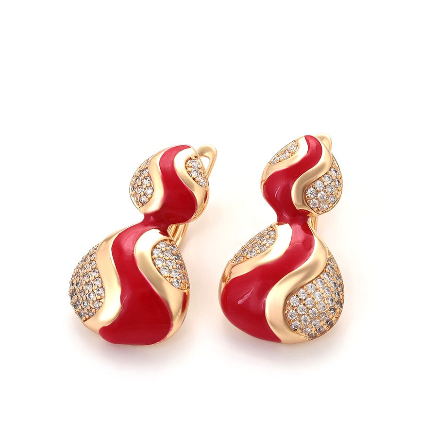 18K gold plated - Unique S-Shape Earrings with Red Enamel Accents and Crystal Embellishments