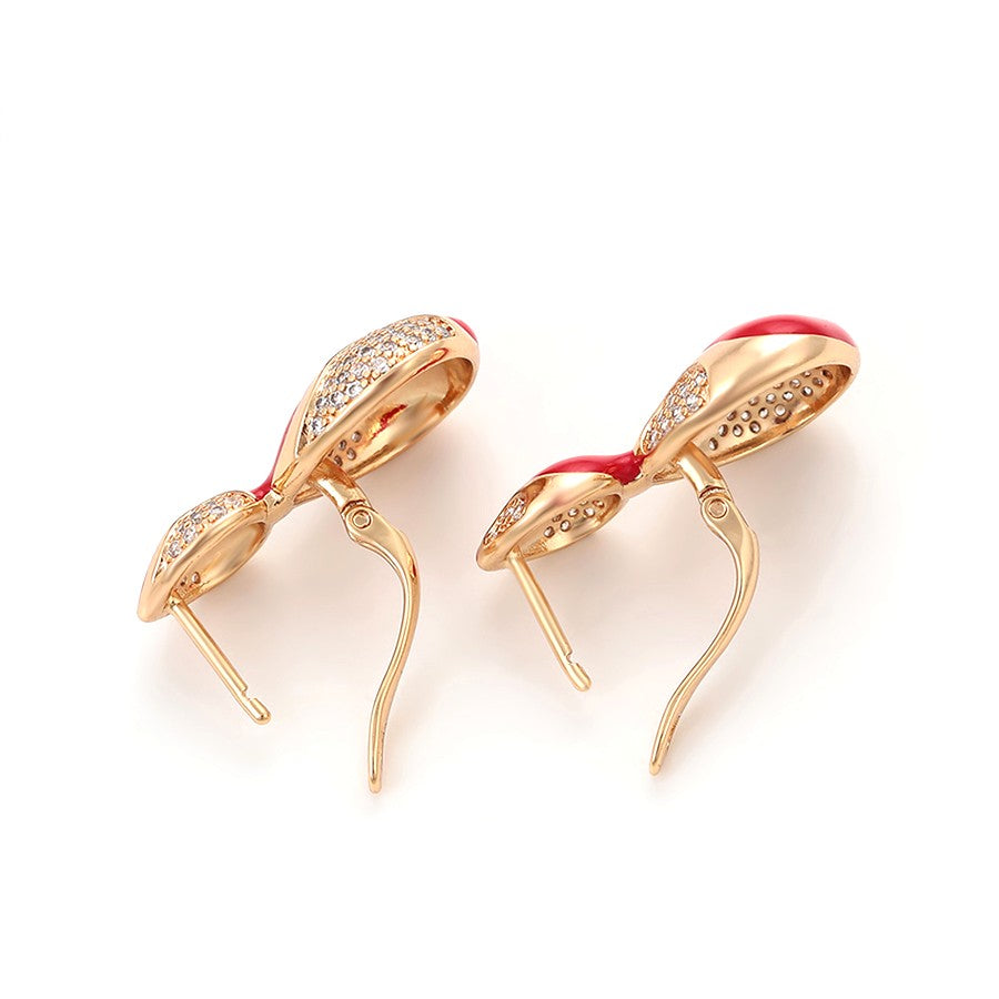 18K gold plated - Unique S-Shape Earrings with Red Enamel Accents and Crystal Embellishments