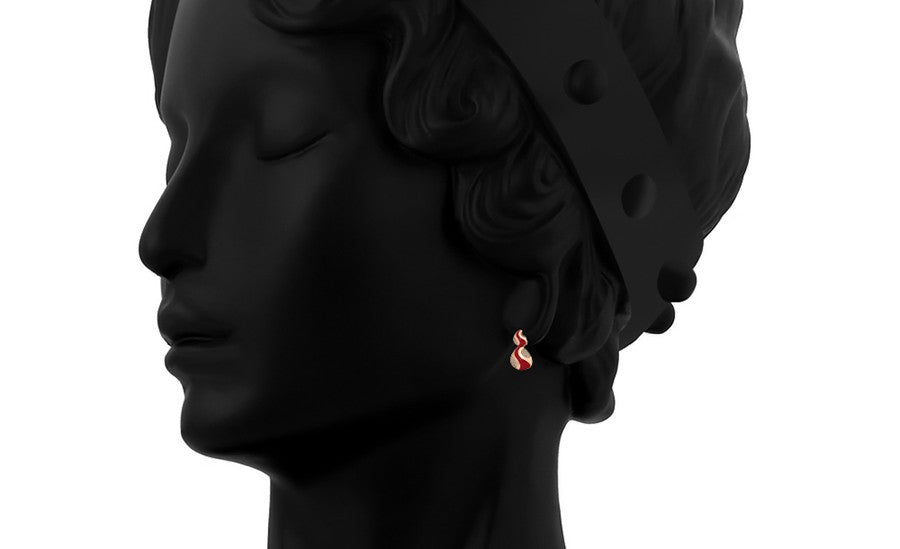 18K gold plated - Unique S-Shape Earrings with Red Enamel Accents and Crystal Embellishments