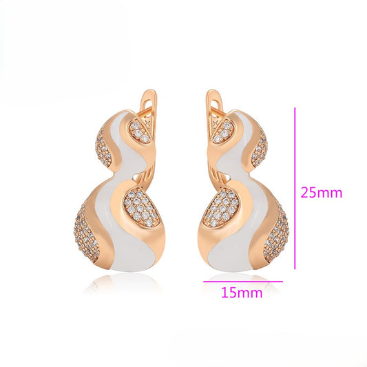 18K gold plated - Unique S-Shape Earrings with White Enamel Accents and Crystal Embellishment