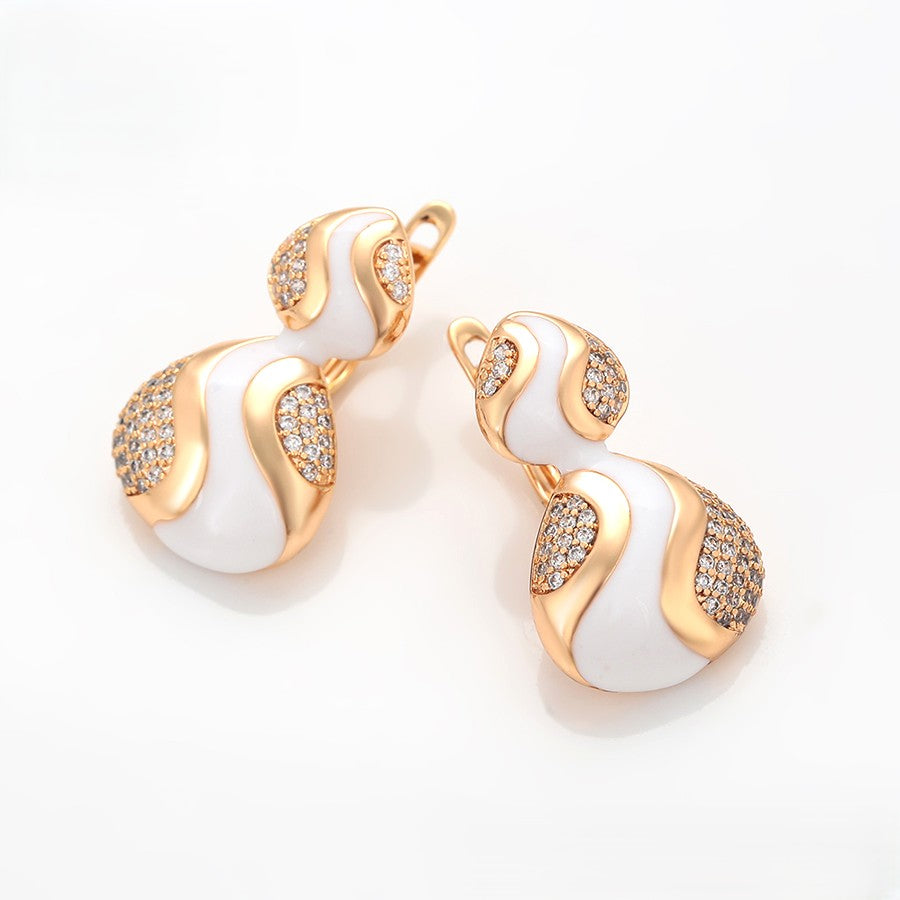 18K gold plated - Unique S-Shape Earrings with White Enamel Accents and Crystal Embellishment