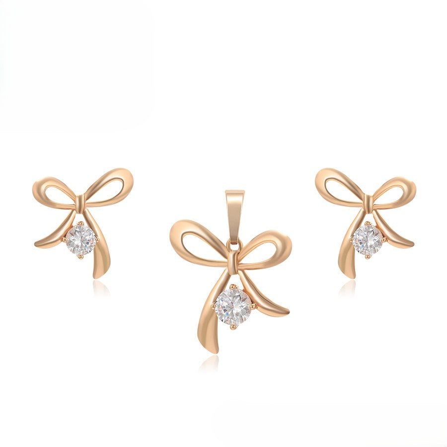 18K Gold Plated - Rose Gold Bow Jewelry Set with Crystal Accents