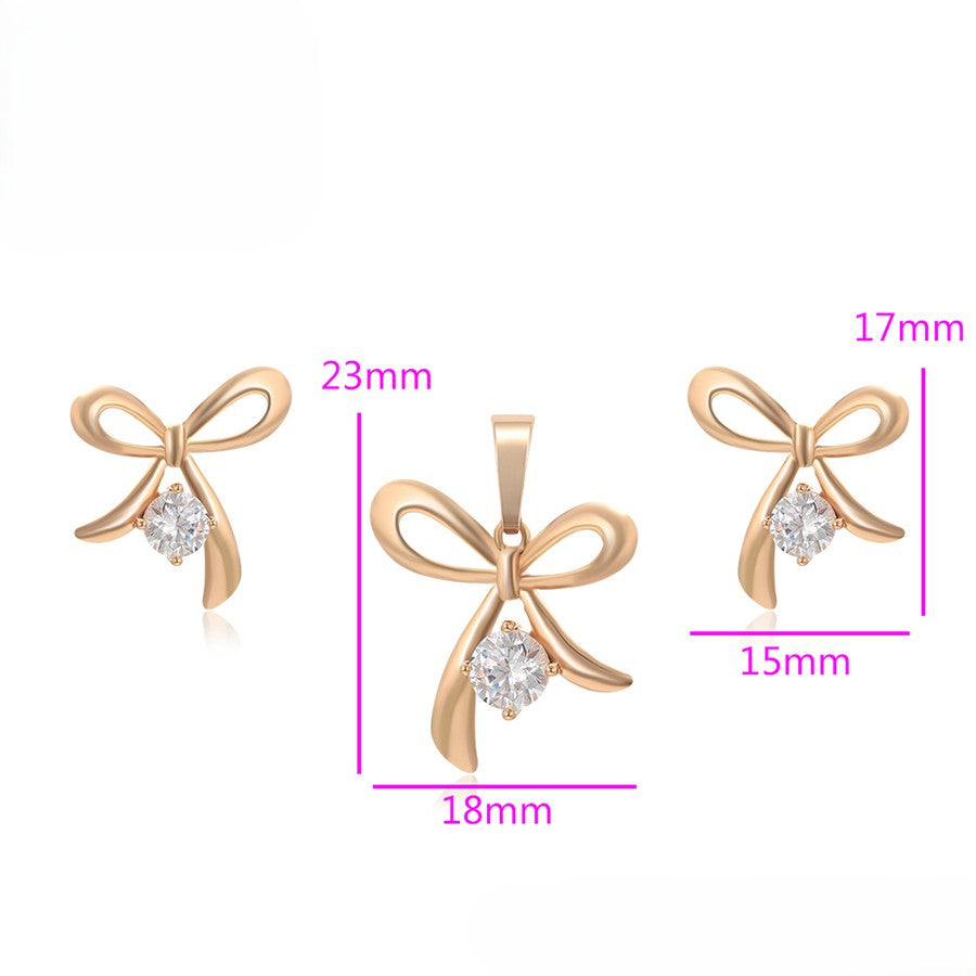 18K Gold Plated - Rose Gold Bow Jewelry Set with Crystal Accents