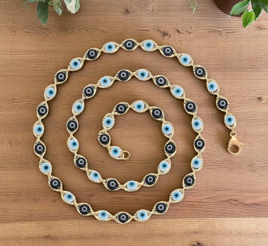 Bohemian Gold Necklace with Multiple Blue Evil Eyes