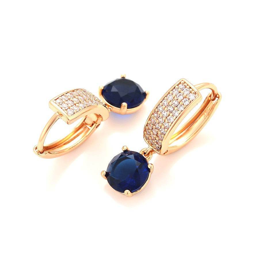 Rose Gold Blue Sapphire and Crystal Drop Earrings - 18K Gold Plated