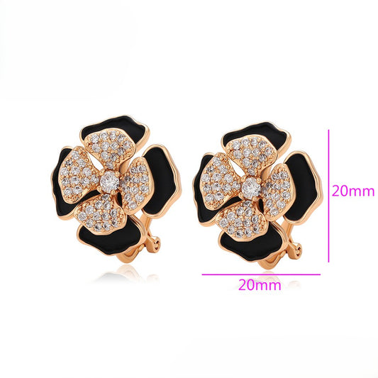 Gold Plated Black Enamel Flower Earrings with Crystal Pave