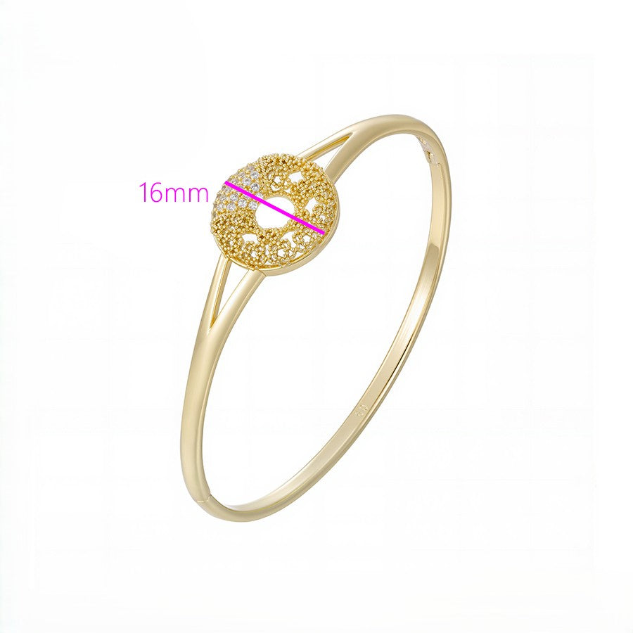 14K Gold Plated Open-Work Disc Bangle Bracelet | Textured Sunburst Cutout Crystal Cuff