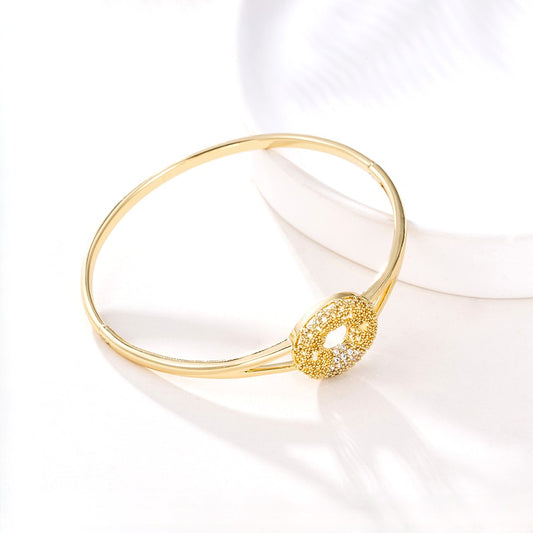 14K Gold Plated Open-Work Disc Bangle Bracelet | Textured Sunburst Cutout Crystal Cuff