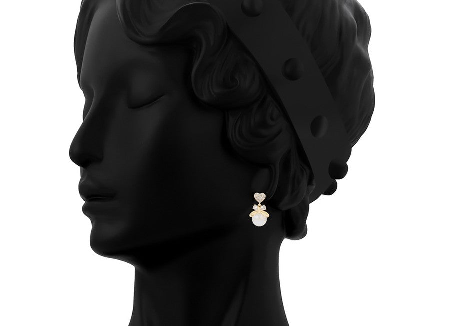 Amour Pave Heart and Ribbon Bow Drop Earrings | Iridescent Pearl Coquette Aesthetic Dangle Earrings