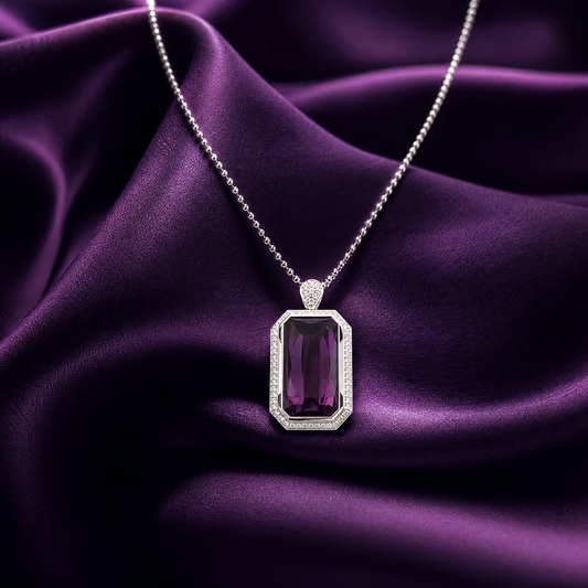 Empress Amethyst Purple Crystal Medallion Pendant | Platinum Plated Emerald Cut Geometric Statement Charm