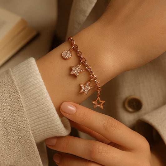 Fashion Gold Chain Bracelet with Zirconia Charms - 18K Gold Plated